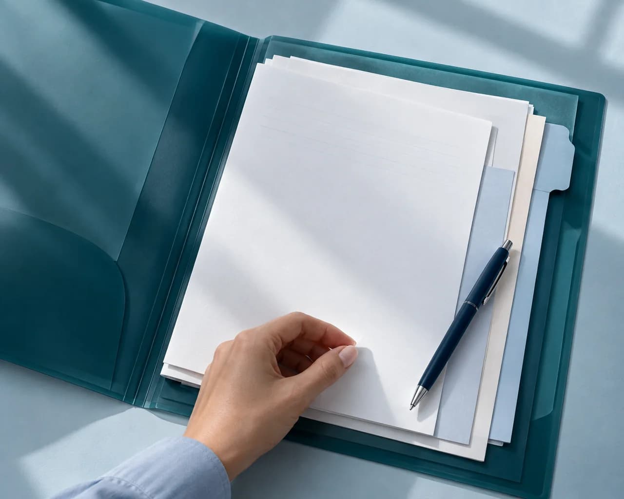 A hand organizing papers in a teal folder on a blue desk.