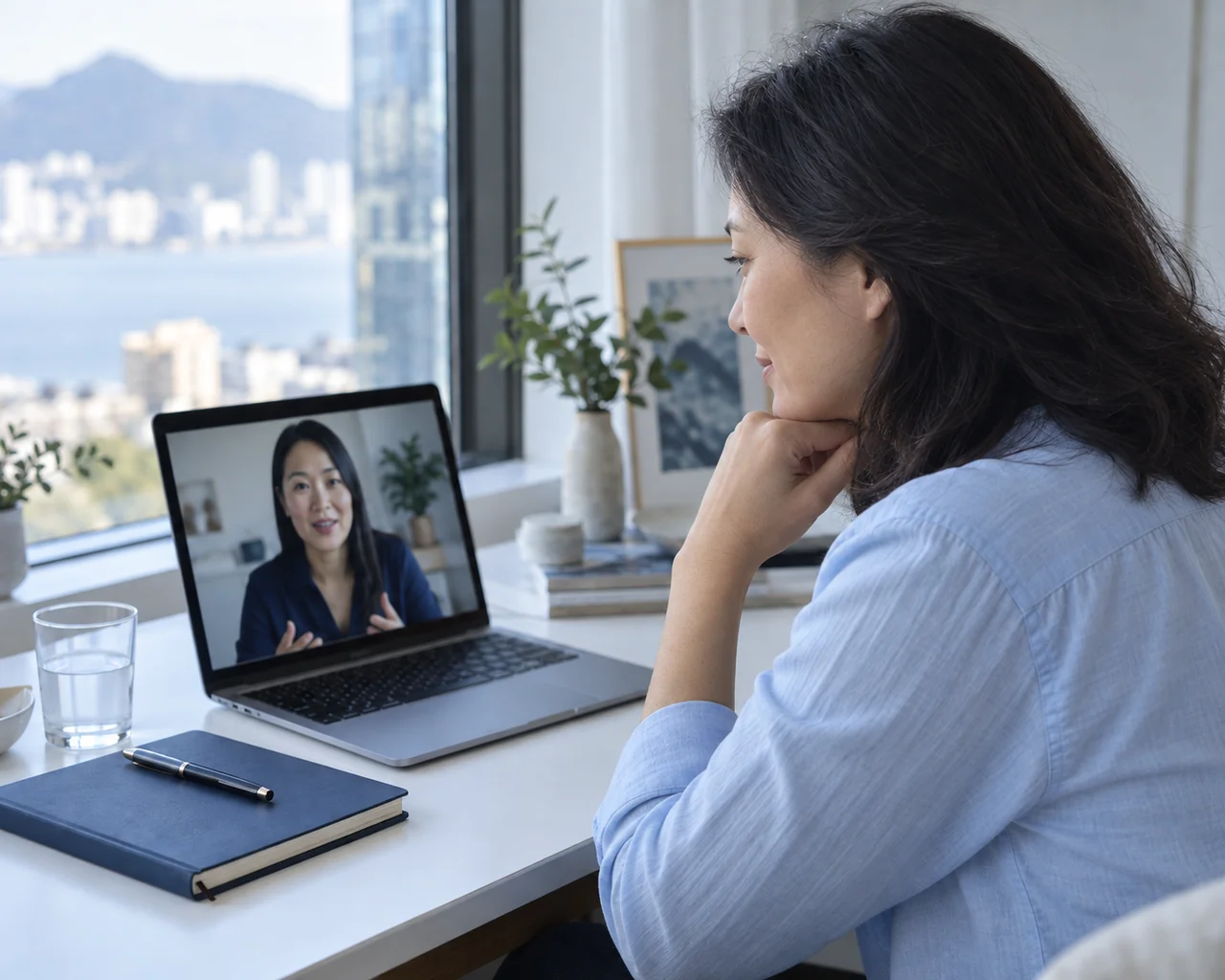 A woman listening to a coordinator on a video call at home
