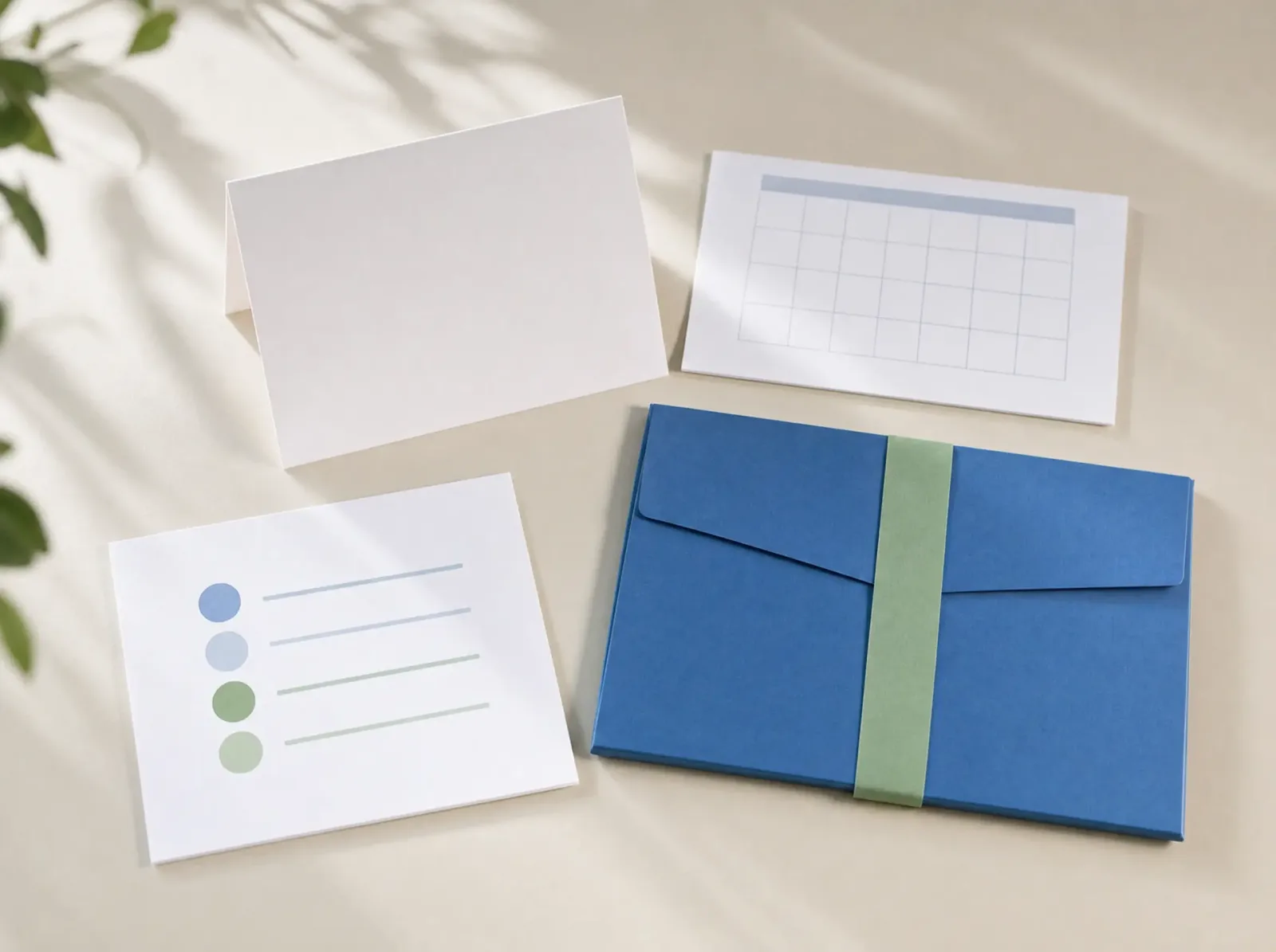 Overhead illustration of a blank request card, calendar, language card, and closed envelope arranged as an intake preparation kit.