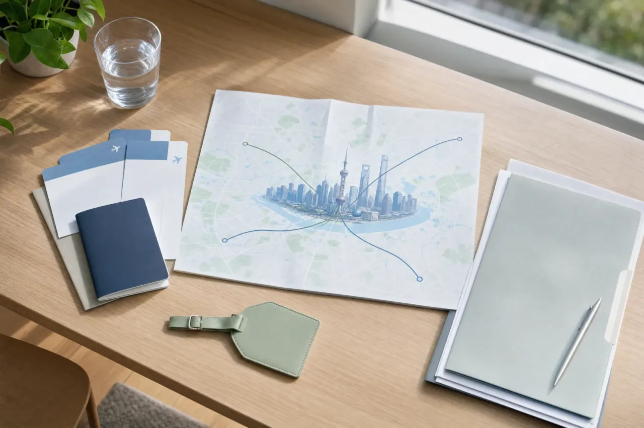 Illustrative travel documents and route lines converging on the Shanghai skyline