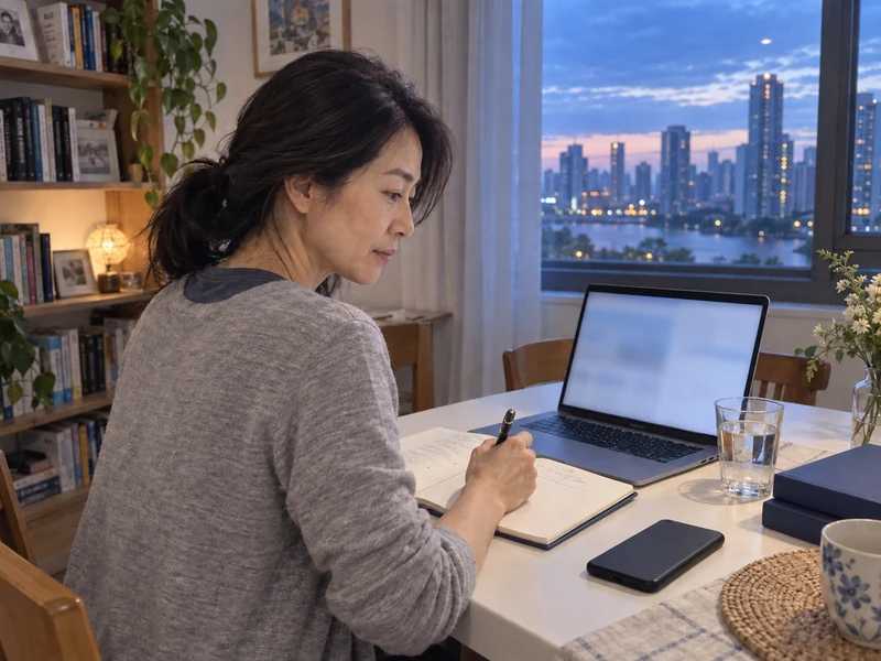 A woman thoughtfully making notes at home in the evening