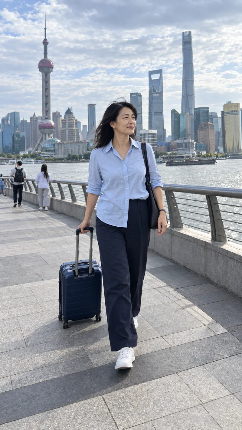 The same woman arriving beside Shanghai’s riverfront